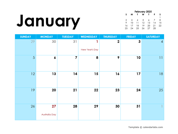 2025 Australia Monthly Calendar Colorful Design