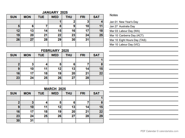 2025 Australia Quarterly Calendar with Holidays