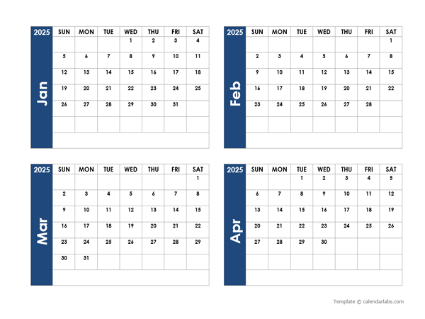 2025 Blank Four Month Calendar