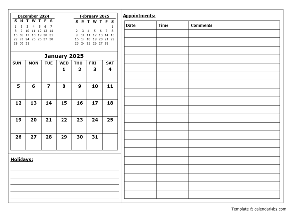 2025 Blank Appointment Calendar