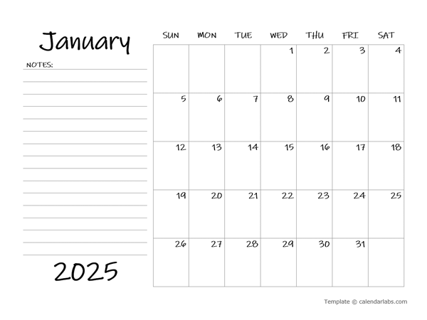 2025 Blank Calendar Template With Notes