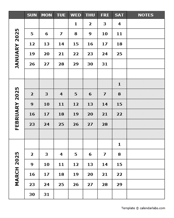 2025 Blank Quarterly Calendar