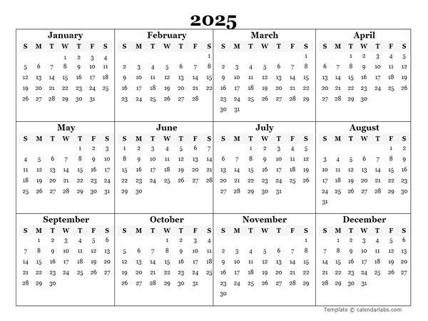 2025 Blank Yearly Calendar Template