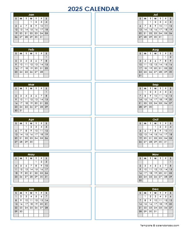2025 Blank Yearly Calendar Template Vertical Design