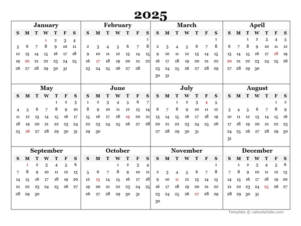 2025 Blank Yearly Calendar Template