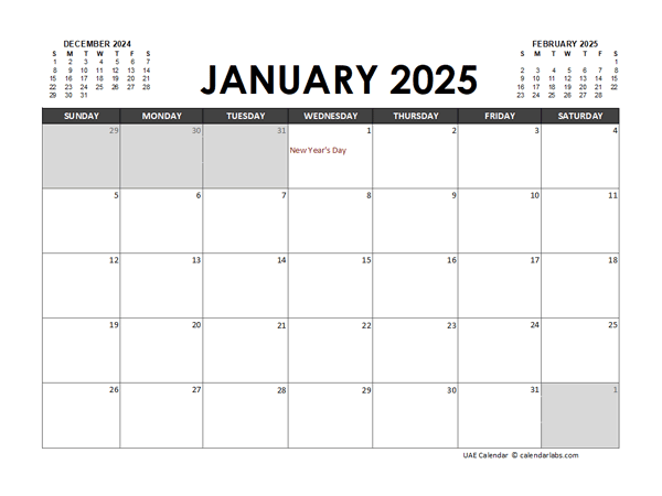 2025 Calendar Planner UAE Excel