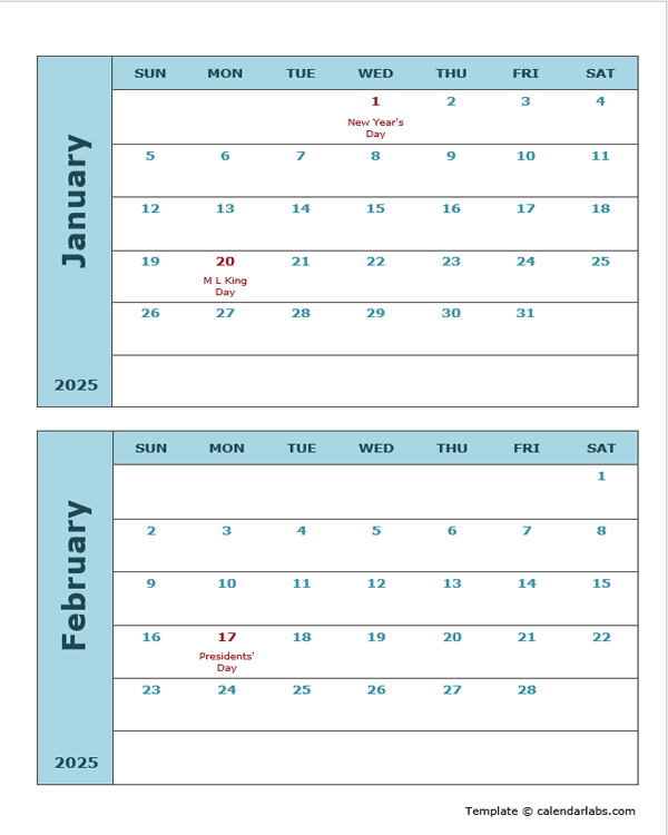 2025 Calendar Template Two Months Per Page