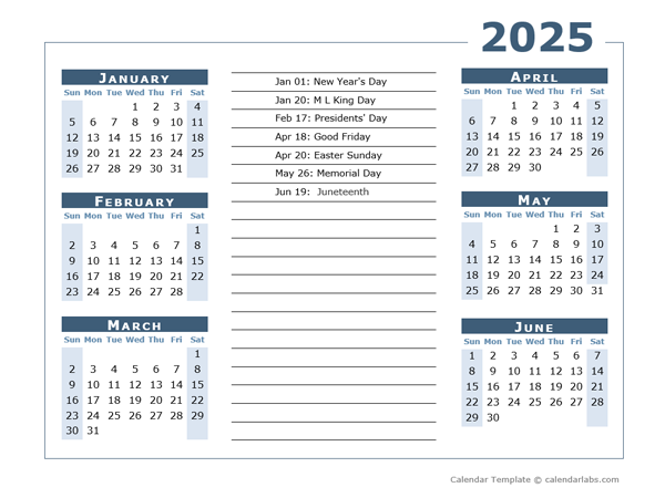 2025 Calendar Template 6 Months Per Page