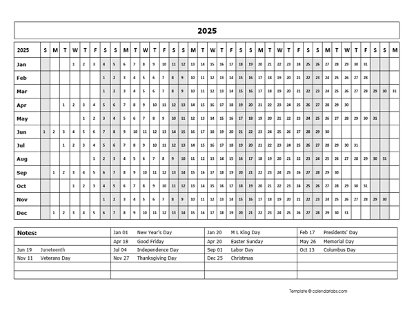 2025 Calendar Template Year At A Glance