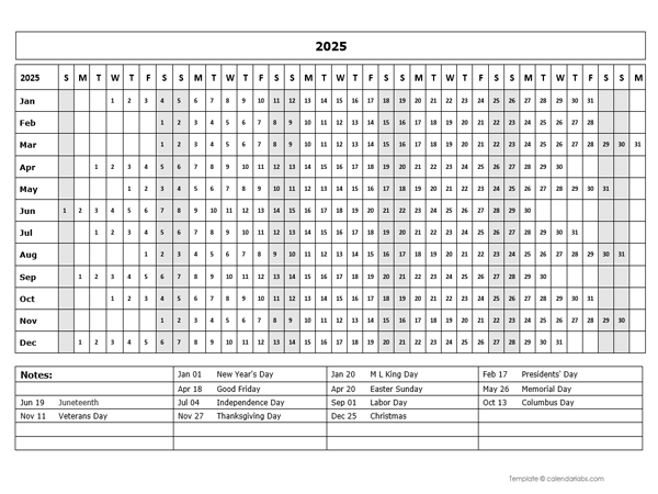 2025 Calendar Template Year At A Glance