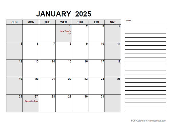 2025 Calendar with Australia Holidays PDF