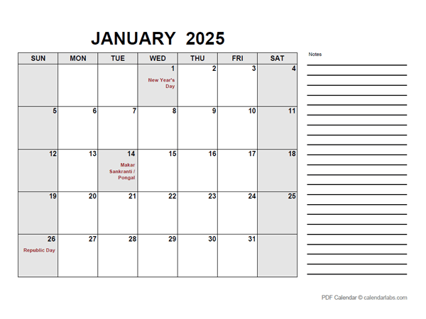 2025 Calendar with India Holidays PDF