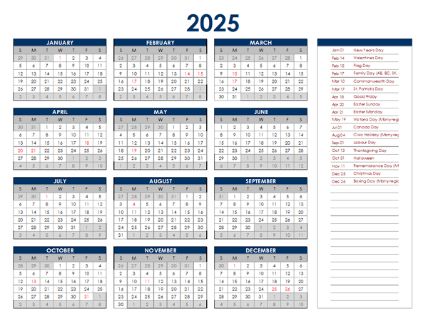 2025 Canada Annual Calendar with Holidays