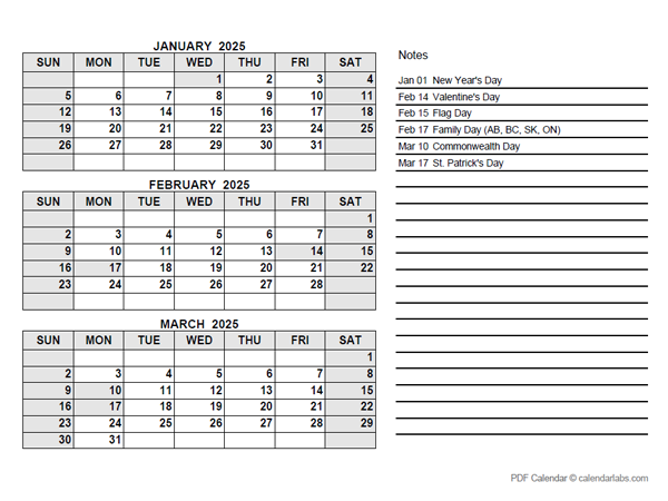 2025 Canada Quarterly Calendar with Holidays