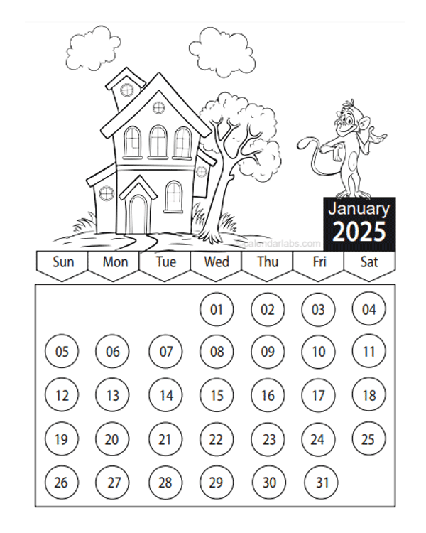 2025 Cartoon Character Coloring Calendar