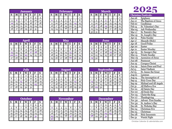 2025 Christian Festivals Calendar Template - Free Printable Templates