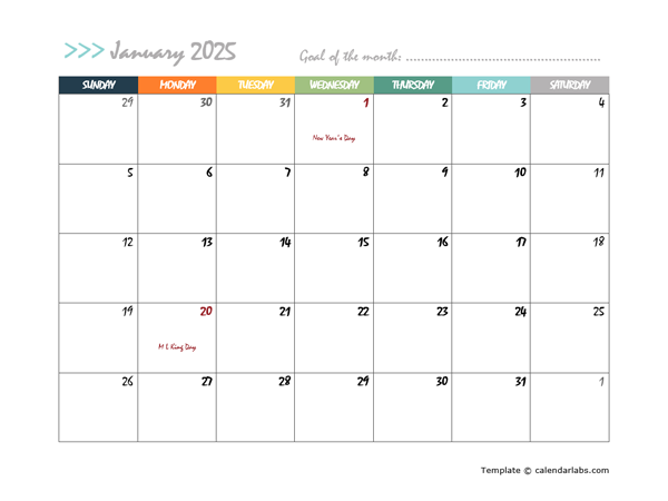 2025 Monthly Word Calendar In Colorful Design