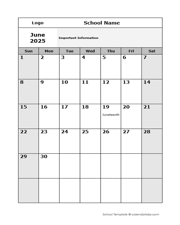 2025 Editable Monthly School Jun-Sep Calendar
