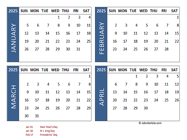 2025 Excel 4 Month Calendar Template