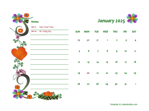 2025 Floral Monthly Kids Calendar Template