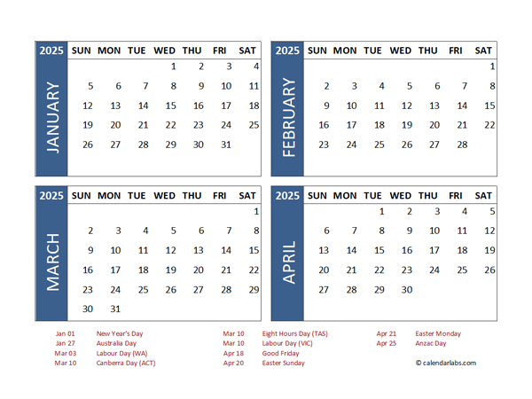 2025 Four Month Calendar with Australia Holidays
