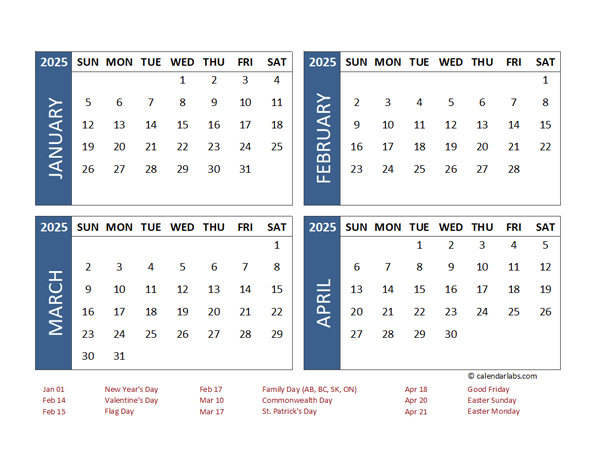 2025 Four Month Calendar with Canada Holidays