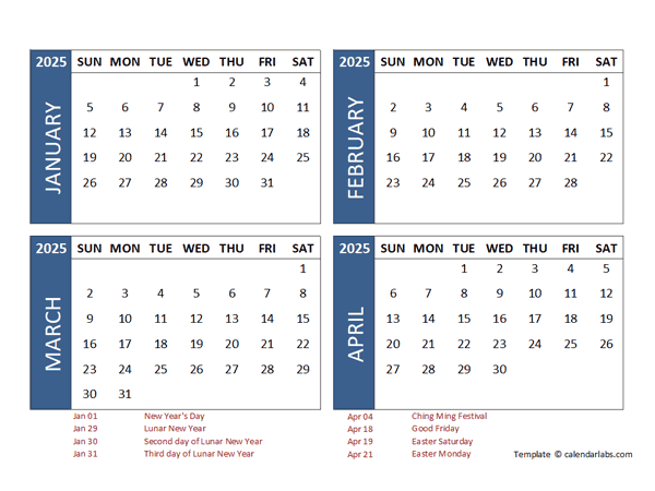 2025 Four Month Calendar with Hong Kong Holidays