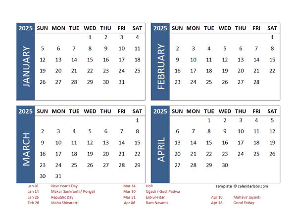 2025 Four Month Calendar with India Holidays