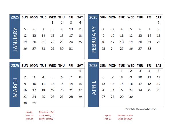 2025 Four Month Calendar with Netherlands Holidays