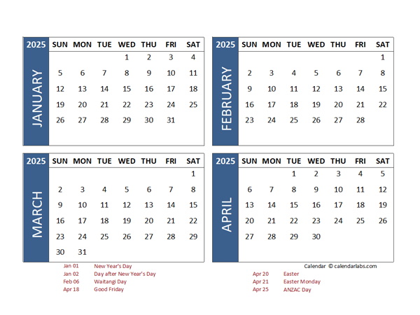 2025 Four Month Calendar with New Zealand Holidays