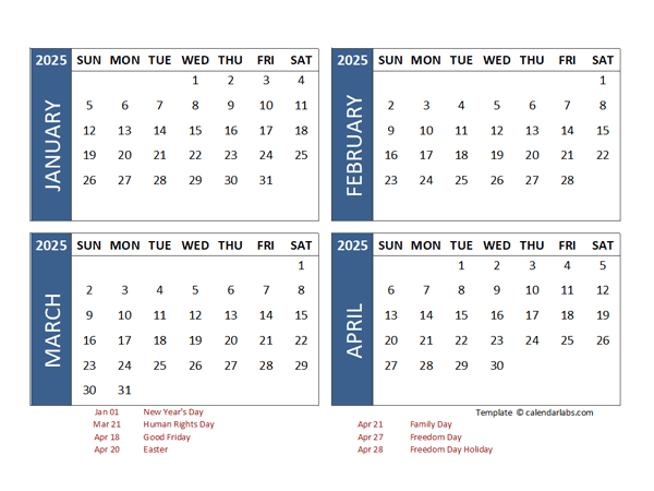 2025 Four Month Calendar with South Africa Holidays