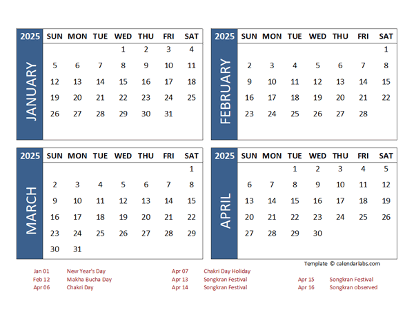 2025 Four Month Calendar with Thailand Holidays