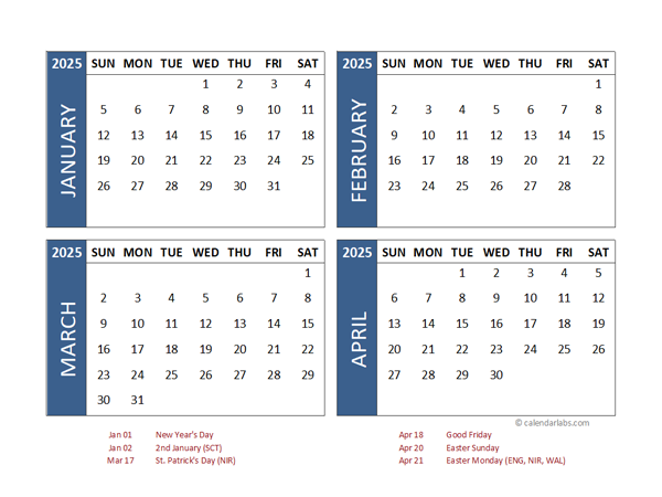 2025 Four Month Calendar with UK Holidays