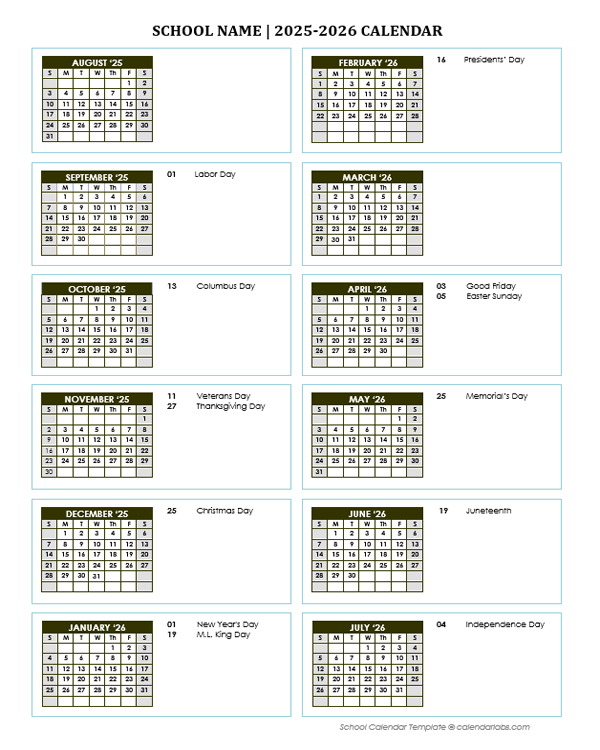 2025 Free School Yearly Calendar Aug