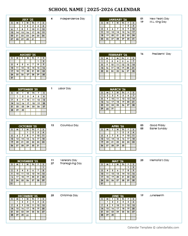 2025 Free School Yearly Calendar Jul