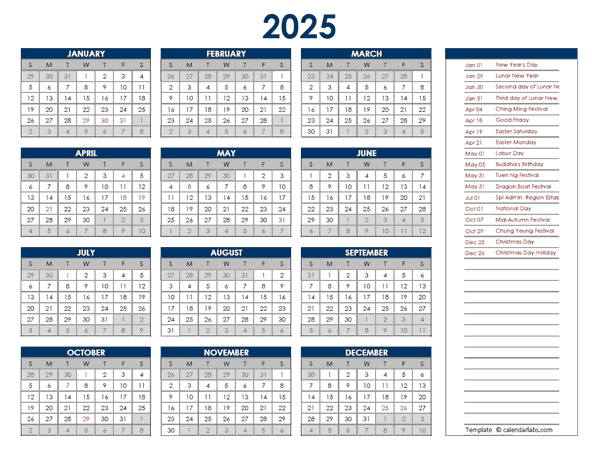 2025 Hong Kong Annual Calendar with Holidays