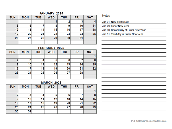 2025 Hong Kong Quarterly Calendar with Holidays