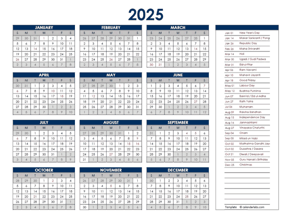 2025 India Annual Calendar with Holidays