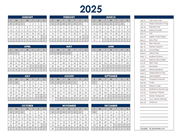 2025 India Annual Calendar with Holidays - Free Printable Templates