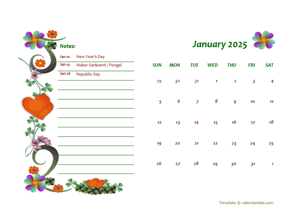 2025 India Calendar Free Printable Template