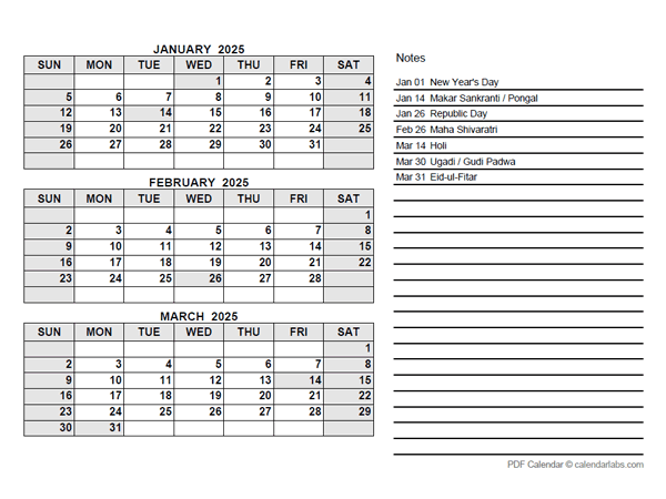 2025 India Quarterly Calendar with Holidays