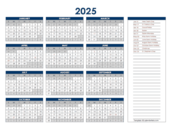 2025 Ireland Annual Calendar with Holidays - Free Printable Templates