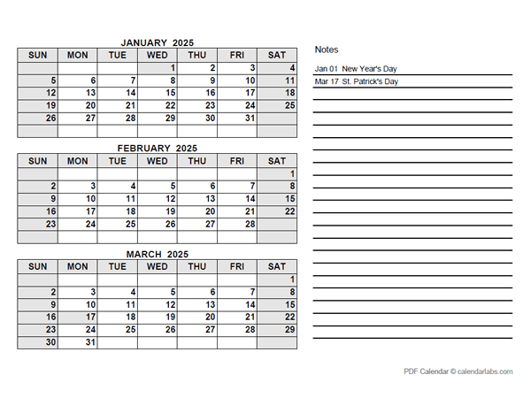 2025 Ireland Quarterly Calendar with Holidays