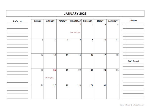 2025 Large Monthly Calendar With Holidays