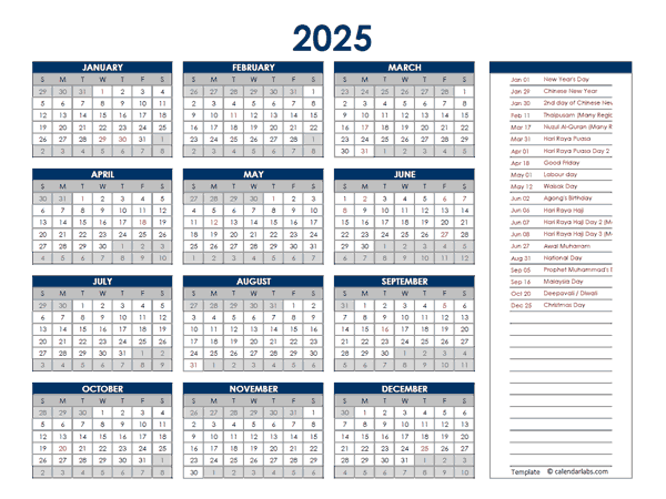 2025 Malaysia Annual Calendar with Holidays