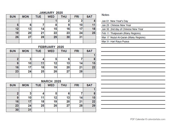 2025 Malaysia Quarterly Calendar with Holidays