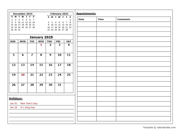2025 Monthly Appointment Calendar Template