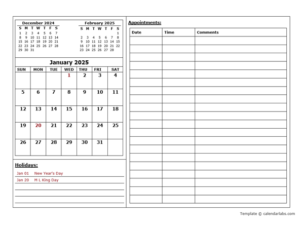 2025 Monthly Appointment Calendar Template - Free Printable Templates
