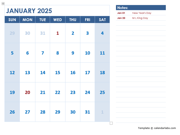 2025 Monthly Calendar Template Landscape