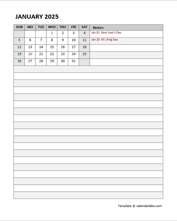 2025 Monthly Calendar Template Portrait